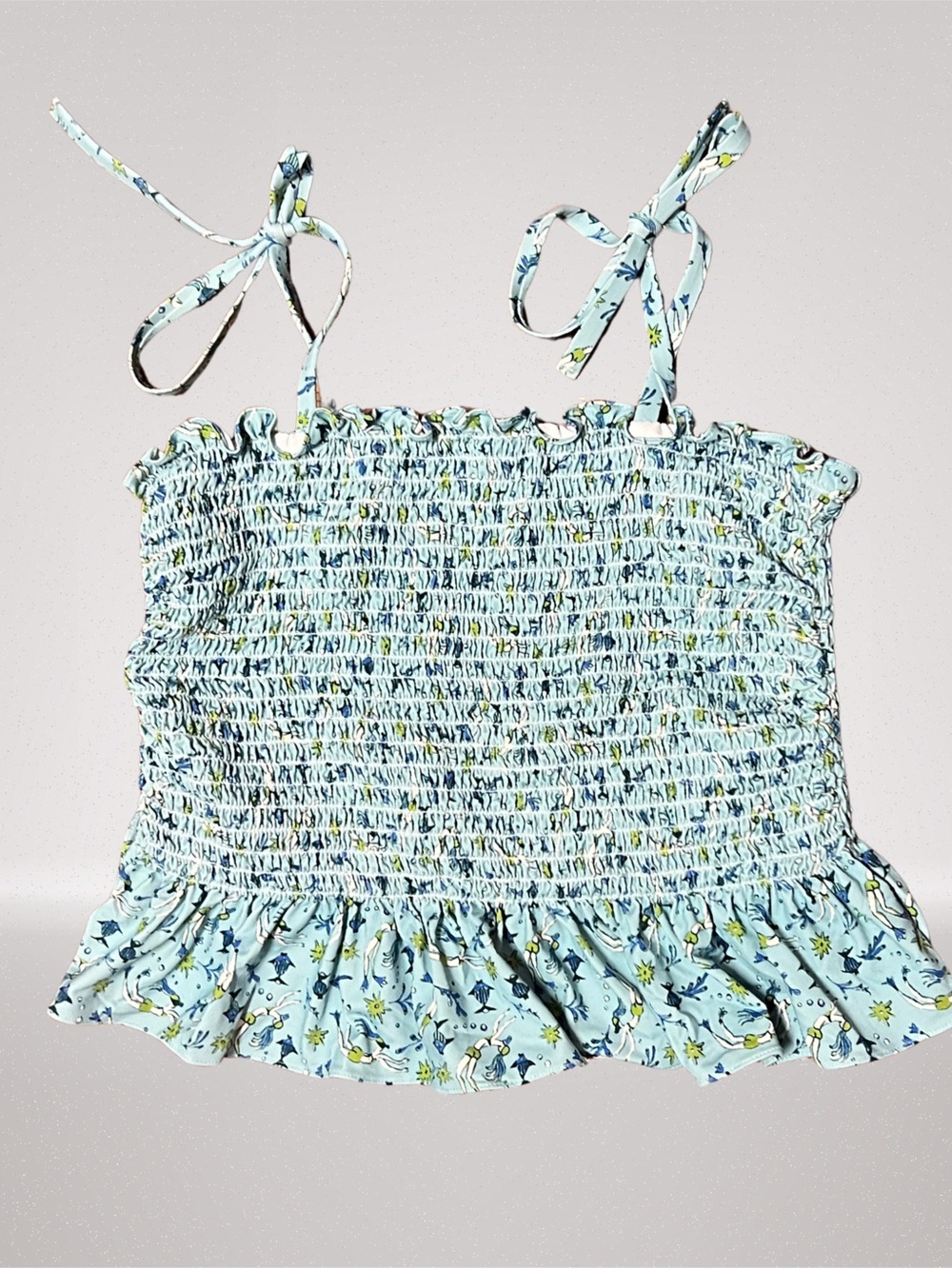 Girls Blue Smocked Ruffle 2 Piece Swimsuit Size 8/10 Tie Strap Swimwear